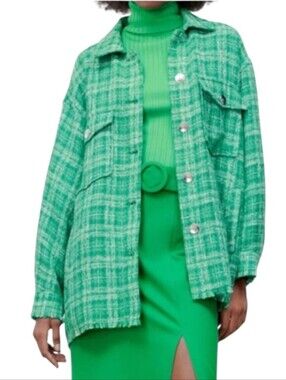 Nwot ZARA Kelly Green Tweed LS Collared Raw Hem Oversized Shirt/Jacket
